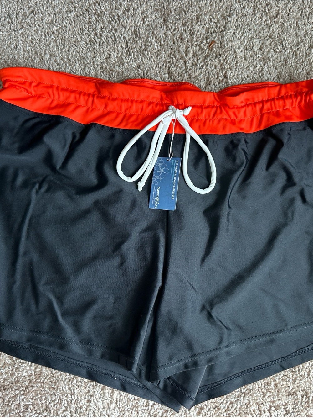 Black Swim Shorts with Bright Red Waistband and White Drawstring